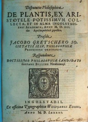 Disputatio philosophica De plantis, ex Aristotele potissimum collecta