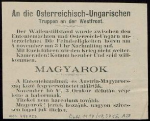An die Österreichisch-Ungarischen Truppen an der Westfront : Der Waffenstillstand wurde zwischen den Ententemächten und Österreich-Ungarn unterzeichnet ...