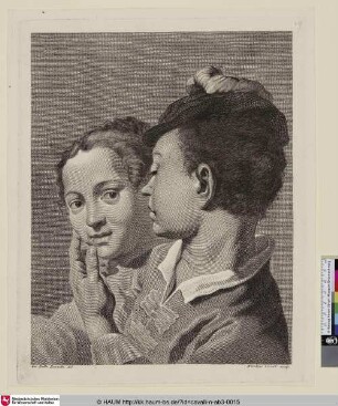 Doppelportrait eines Paares, bei dem der junge Mann, der über seine Schulter blickenden Frau, das Gesicht liebkost.