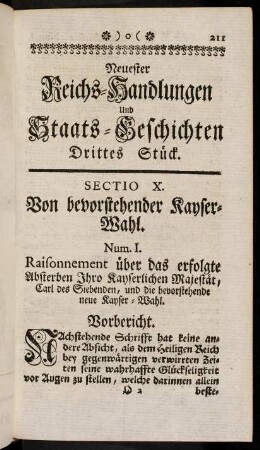 211-247, Sectio X. Von bevorstehender Kayser-Wahl