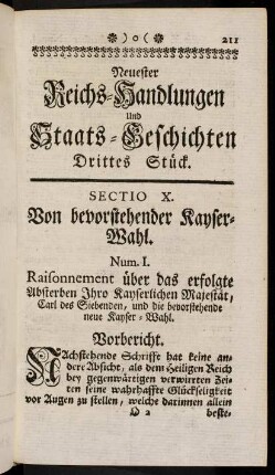 211-247, Sectio X. Von bevorstehender Kayser-Wahl