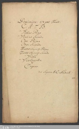 Ms. Ff. Mus. 506 - Dominica 17ten post Trinit. : C. A. T. B., violino primo, violino secondo, oboe primo, oboe secondo, flauto traverso primo, flauto traverso secondo, viola, violoncello & organo : 1786