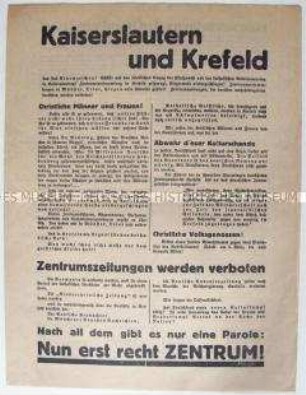 Propagandaflugblatt der Zentrumspartei zur Reichstagswahl am 5. März 1933 mit Bezug auf Übergriffe der Nazis auf Veranstaltungen des Zentrums