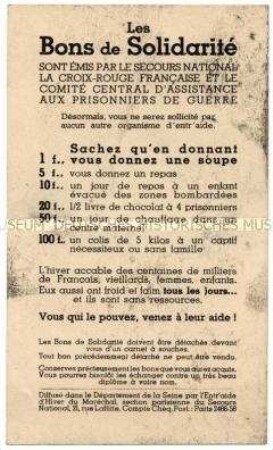 Handzettel aus dem besetzten Frankreich mit dem Aufruf zu Spenden für das französische Rote Kreuz