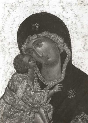 Gottesmutter vom Don : Gottesmutter vom Don. Ikonenmalerei (1386/1400; Feofan Grek). Kopf von Mutter und Kind. Moskau: Tretjakow-Galerie