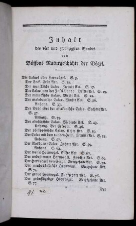 Inhalt des vier und zwanzigsten Bandes von Buffons Naturgeschichte der Vögel.