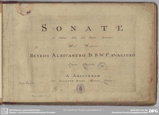 Sonate a Violino Solo Col Basso Continuo : Opera Quinta