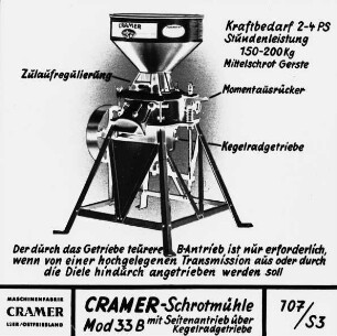 CRAMER-Schrotmühle mit Seitenantrieb über Kegelradgetriebe Mod 33 B
