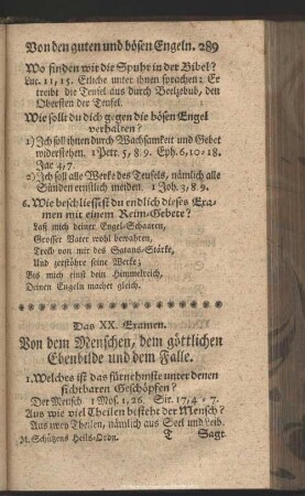 Das XX. Examen. Von dem Menschen, dem göttlichen Ebenbilde und dem Falle
