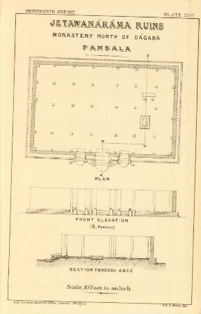 Plate XXVI. Jetawanáráma ruins. Monastery north of Dágaba. Pansala. Plan. Front elevation. Section through A. B. C. D.
