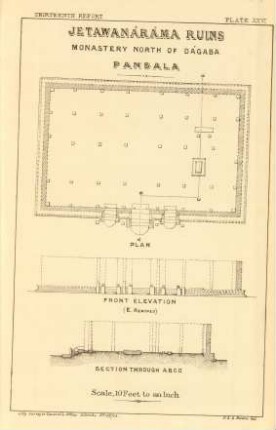 Plate XXVI. Jetawanáráma ruins. Monastery north of Dágaba. Pansala. Plan. Front elevation. Section through A. B. C. D.