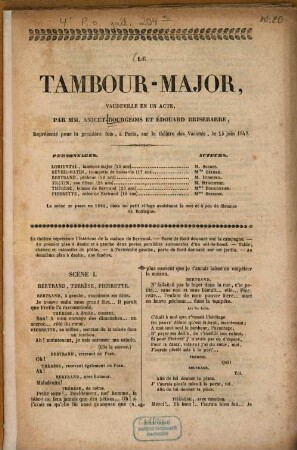 Le tambour-major : Vaudeville en un acte, par MM. Anicet-Bourgeois et Édouard Brisebarre, Représenté pour la première fois, à Paris, sur le théâtre des Variétés, le 15 juin 1842