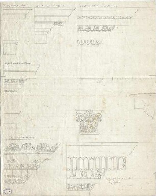 Lange, Ludwig; Lange - Archiv: I.4 Griechisch-römischer Stil - verschiedenen Gesimse u. Kapitell, u.a. Tivoli, Pantheon (Ansicht, Details)
