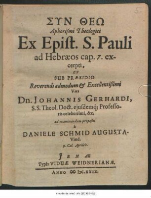 Aphorismi Theologici Ex Epist. S. Pauli ad Hebraeos cap. 7. excerpti