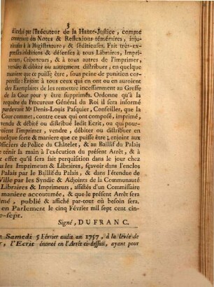 Arrest De La Cour De Parlement, Qui condamne un Ecrit intitulé Arrêtés, &c. à être lacéré & brûlé par l'Exécuteur de la Haute-Justice : Extrait Des Registres Du Parlement. Du 5 Février 1757.