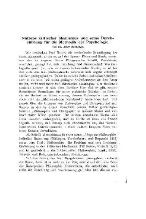 Natorps kritischer Idealismus und seine Durchführung für die Methodik der Psychologie