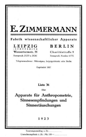 Liste 36: Über Apparate für Anthropometrie, Sinnesempfindungen und Sinnestäuschungen