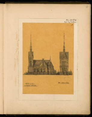 Zweischiffige Dorfkirche in märkischem Backstein für 300 Sitzplätze Monatskonkurrenz Juni 1877: Aufriss Südansicht, Turmansicht (Eingang)