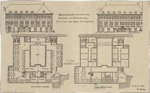 Fischer, Theodor; Würzburg, Münsterplatz; Sparkasse - Grundriss Hauptgeschoss, Grundriss OG, Ansichten