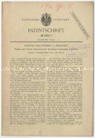 Patentschrift einer Pumpe mit durch hydraulische Gestänge bewegten Ventilen, Patent-Nr. 38211