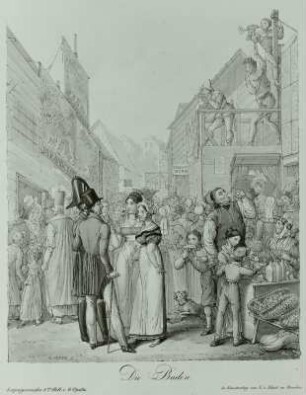 Die Buden : Opiz, Georg Emanuel: Die Buden. Aus: Leipziger Messe, Heft 1. Stich, koloriert; 28 x 24 cm. 1825. Leipzig: Stadtgeschichtliches Museum XV B KK 35