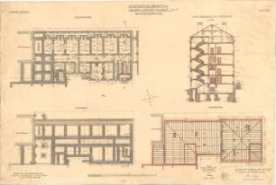 Mellinger, Ludwig von; München; Armeemuseum - Neubau, Galeriestraßenflügel (Grundriss Fundament, Grundriss Keller, Grundriss Sparrenlage) Treppenhaus Ost (Schnitt)