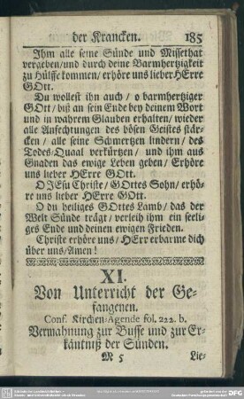 XI. Von Unterricht der Gefangenen. Conf. Kirchen-Agende fol. 222.b