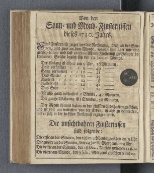 Von den Sonn- und Mond-Finsternissen dieses 1740. Jahrs.