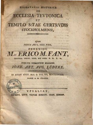 Dissertatio historica de ecclesia Teutonica & templo S. Gertrudis Stockholmiensi