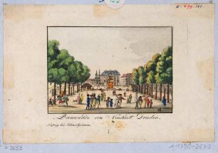 Dresden, Blick von der Hauptstraße nach Süden auf den Neustädter Markt mit dem Reiterstandbild August des Starken und der Neustädter Wache (Blockhaus)
