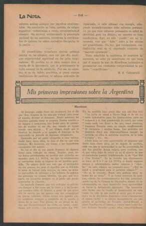 Mis primeras impresiones sobre la Argentina : Miscelánea