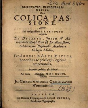 Disputatio Inauguralis Medica, De Colica Passione