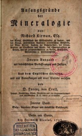 Anfangsgründe der Mineralogie, 2. Salze, brennbare Körper und metallische Substanzen