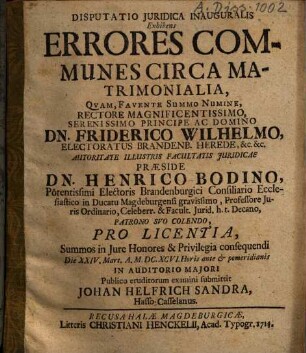 Disputatio Iuridica Inauguralis Exhibens Errores Communes Circa Matrimonialia