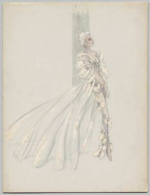 Ein bodenlanges, geschlitztes, transparentes Showkleid mit Blütenapplikationen und weitem Mantel Blütenkleid (Archivtitel Archivtitel)