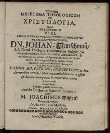 Meletema Theologicum De Christodogia