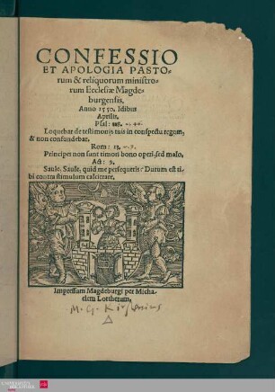 Confessio et apologia pastorum & reliquorum ministrorum ecclesiae Magdeburgensis : anno 1550, idibus aprilis