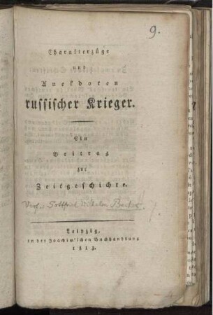 Charakterzuege und Anekdoten russischer Krieger : Ein Beitrag zur Zeitgeschichte