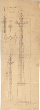 Thiersch, August ; Transformationsstationen, Masttransformatoren, Entwürfe - Gittermast C. mit einer Hochspannleitung auf der Mastspitze (Ansicht)en, Teilansicht)