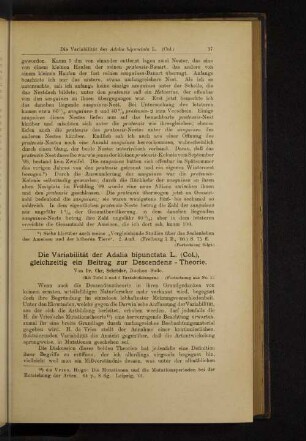 Die Variabilität der Adalia bipunctata L. (Col.), gleichzeitig ein Beitrag zur Descendenz-Theorie.