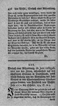 Versuch einer Abhandlung de iure vectigali oder von den Zöllen, insonderheit auf den schiffbaren Strömen in Deutschland.