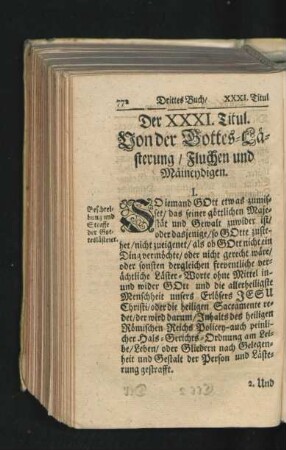 Der XXXI. Titul. Von der Gottes-Lästerung/ Fluchen und Maineydigen.