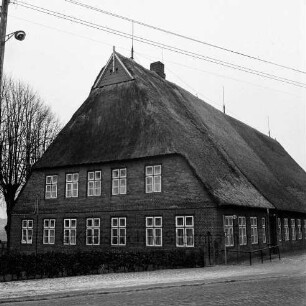 Gehöft Lienau: Reetdachhaus: links Hecke und Baum