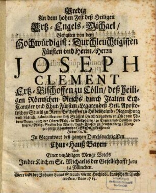 Predig An dem hohen Fest deß Heiligen Ertz-Engels-Michael
