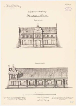 Kaserne des 4. Garderegiments zu Fuß, Berlin-Moabit: Exercierhaus: Seitenansicht, Giebelansicht 1:100