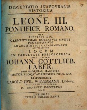 Dissertatio inauguralis historica de Leone III. Pontifice Romano