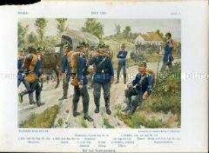 Uniformdarstellung, Grenadiere, Gemeine, Offizier und Regimentstambour der Grenadier- bzw. Infanterie-Regimenter bei der Rast, Preußen, 1910/1912. Tafel 8 aus: Knötel: Preußen, Unser Heer.