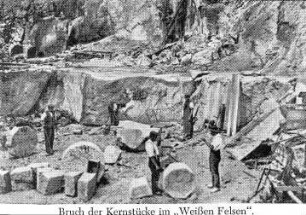 Jonsdorf. Mühlsteinbrüche im "Weißen Felsen", Repro (insgesamt 4 Steinbrüche von 1580-1917 ausgebeutet; die Mühlsteine wurden europaweit verkauft)