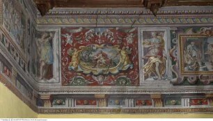 Szenen aus der Geschichte Josephs zwischen Imperatoren, Göttern, allegorischen und mythologischen Figuren, Wappenkartusche zwischen Tugendallegorien, mythologischen Szenen und Josephs Beförderung