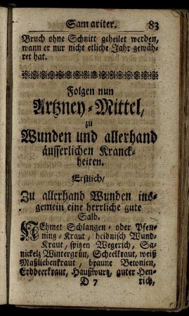 Folgen nun Artzney-Mittel, zu Wunden und allerhand aeusserlichen Kranckheiten